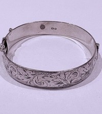 925 Sterling Silver Hinged Bangle Bracelet & Floral&Plain Design F-HALLMARK1960s