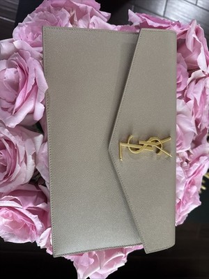 800$ Yves Saint Laurent YSL Uptown Envelope Pouch in Grained Leather-Dark Beige.