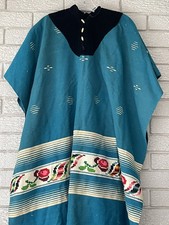 Vintage Handwoven South American Huipil Poncho Turquoise Embroidered Colorful