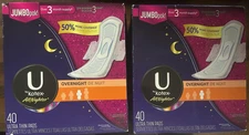 U by Kotex Sanitary Napkin, Allnighter Overnight Ultra Thin, 80 Count-2packs