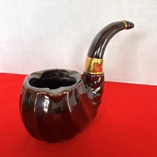 Tobacco Pipe Shaped Ceramic Ashtray #794 Gold Leaf Trim -Works For A Planter