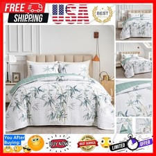 Botanical Quilt Set 3 Pieces Full/Queen Size, Green Leaves Printed on White R...
