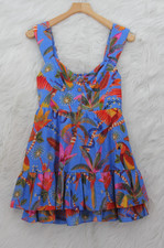 Farm Rio Macaw Party Mini Fit Flare Dress Size XS Tropical Smocked Tiered Resort