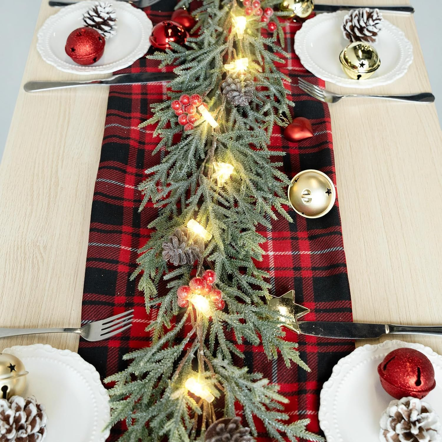 6FT Christmas Garland with Lights, Pre-Lit Artificial Pine Garland with Red Berr