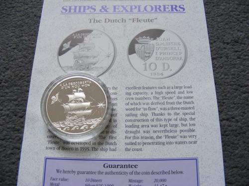 W315b Andorra Silver Proof 10 Diners 1994 Dutch Fleute 31.47g .925 COA