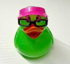 Green Glitter Rubber Duck w/ Pink Visor Black Glasses Figurine Cute Decor Collec