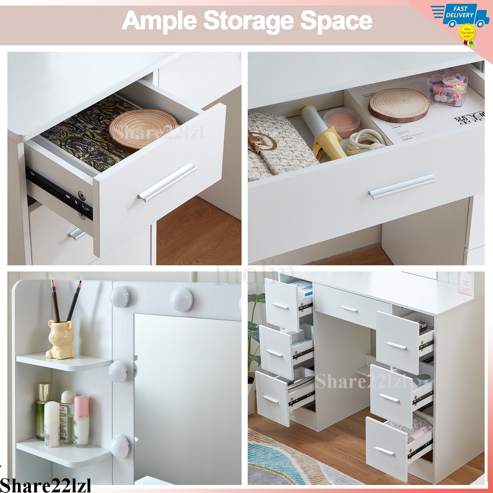 Vanity Set Makeup Desk Dressing Dresser Desk Table with 7 Drawer with Led Lights