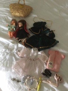 Job Lot Of Vintage Dolls Moses Basket. Clothes Etc Including Amanda Jane .