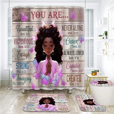 Black Girl Shower Curtain with Bath Rugs Set,4 Sets Rustic African American B...