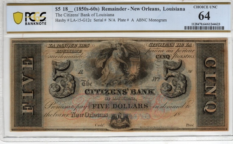 Louisiana - New Orleans - Citizens Bank $5 - PCGS-B Choice Uncirculated 64
