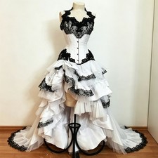 Black Lace Victorian Corset Prom Evening Dress High Low Ruffled Gothic Prom Gown