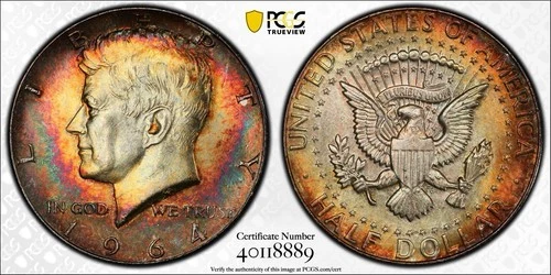 1964 Kennedy 90% Silver Half Dollar ~PCGS MS64 ~Rainbow Toned #V555