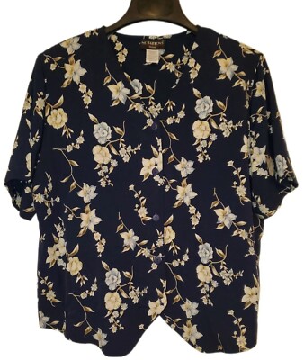 Notations Woman Dark Blue Floral V-Neck Button Up Blouse Women's Size 16/18