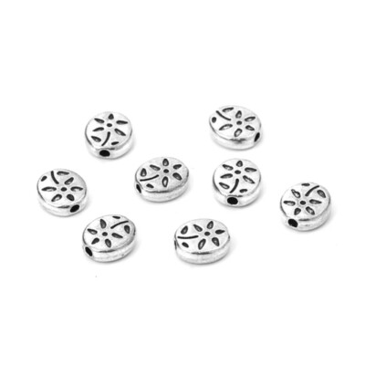 20 Tibetan Silver Metal 7.5x7mm Flower Stem Leaf Imprint Flat Oval Spacer Beads