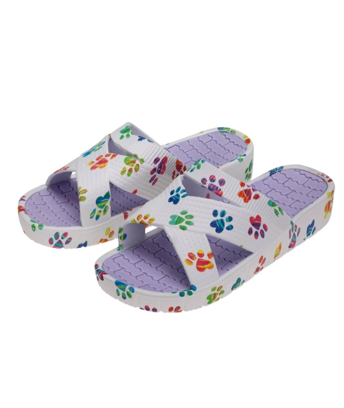 White size 9 cross-strap sandals with rainbow paw print-image