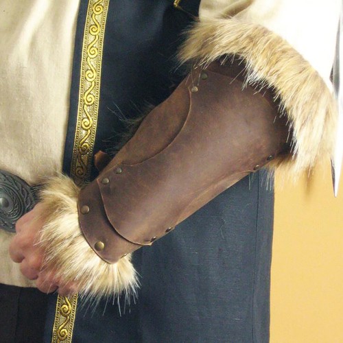 Medieval Retro Leater Bracers Faux Fur Edge Arm Armour Sleeve Wrist Guard - Afbeelding 1 van 9