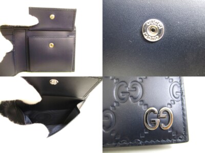 Auth GUCCI GG Metal Guccissima Navy Blue Signature Leather Bifold