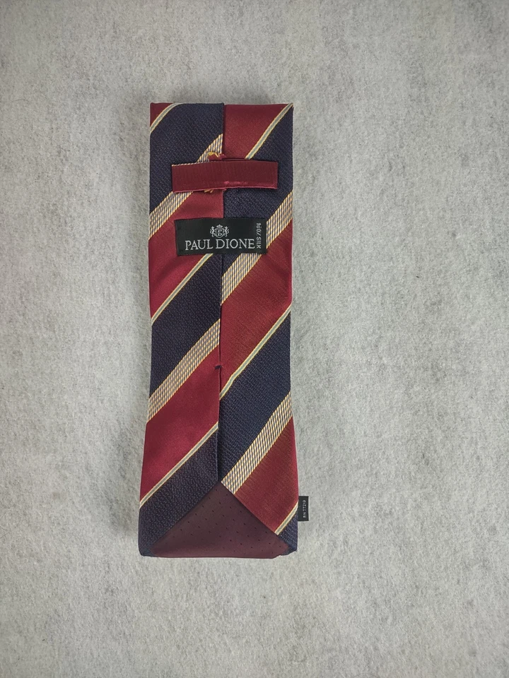 Corbata para hombre Paul Dione borgoña, azul, amarillo, rayas 100 % seda hecha en Italia Foto 3 de 4