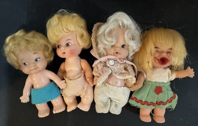 Vintage 1960 a Set Of 4 Mini Rubber/Plastic 4  Dolls Peewee Dolls Brat Dolls