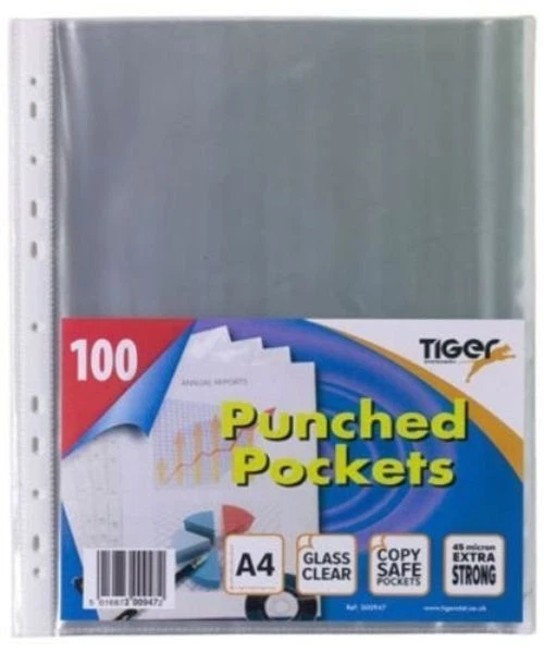 Tiger A4 Punched Pockets School Office Document Filing Folders Sleeves 45 Micron