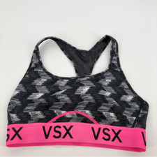 Victorias Secret VSX Sports Bra Medium Black Hot Pink Spellout Band Racerback