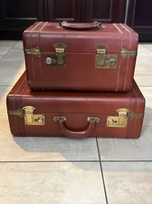 Vintage Brown Leather Train Makeup Case & Suitcase Luggage 40s 50s NO KEYS EUC
