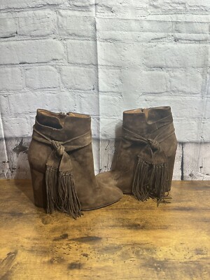 Aquazzura Tassel Suede Block Heel Ankle Booties Tonal Fringe Brown