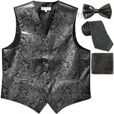 New Men's Vesuvio Napoli Paisley Tuxedo Vest Necktie, Bowtie  Hankie Dark Gray