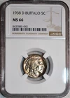NGC MS-66 1938-D Buffalo Nickel, Golden Toned, Radiant, Superb Gem.