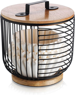 Coffee Filter Holder for Counter with Wooden Lid - round Black Wire Coffee Pod S