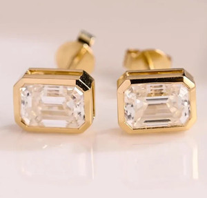 Authentic 2 CT Emerald Cut Bezel Moissanite Wedding Earring 14K Yellow Gold Plated For Her