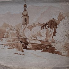 Marie Hesse Landschaft Kirche Brücke Unikat Zeichnung Tusche vor 1900
