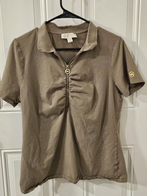 Michael Kors Women's Short Sleeve Zip Front Polo Top Olive Brown Size XL