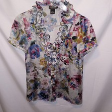 Vintage Y2K Satin Ruffle Collar Button Up Floral Blouse Fairycore Whimsigoth