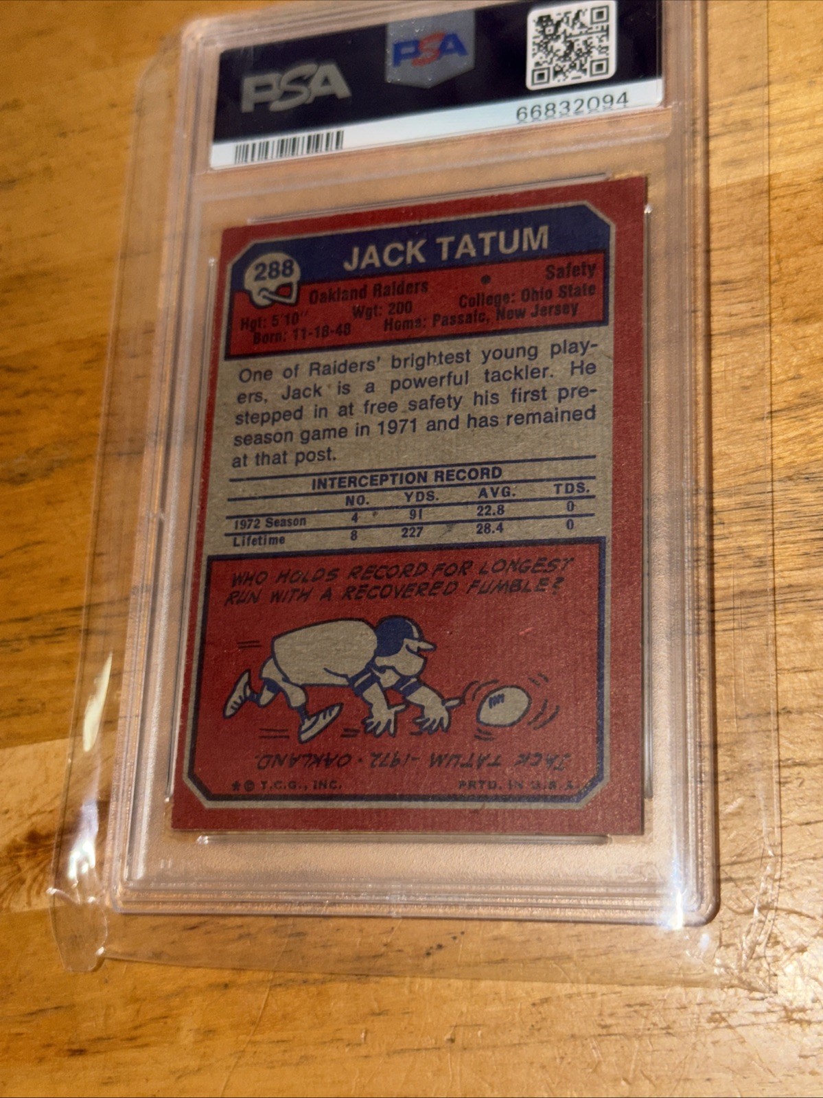 1973 TOPPS #288 JACK TATUM PSA 7 N-MINT ROOKIE CARD Raiders Vintage Football RC view 5