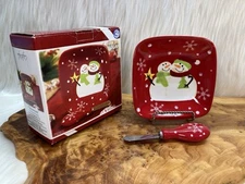 VTG Snowman Cheese Ball Serving Tray with Spreading Knife American Atelier