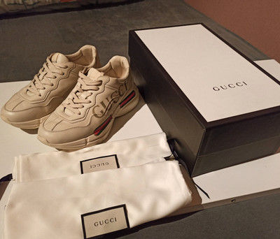 !!! Genuine Gucci Rhyton Sneakers Vintage Logo Women's Leather Size 38 Shoes Excellent!