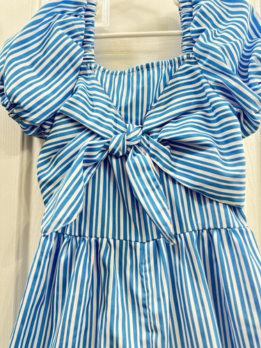 Habitual Puff Short Sleeve Tie Front Striped Romper Blue/white Size 10 - Picture 2 of 10