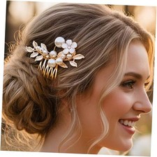 Bridal Wedding Hair Comb Pearl Flower Hair Clip Vintage leaf Rhinestone Gold