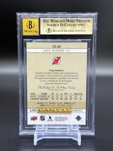 2019 Clear Cut Jack Hughes Canvas Signatures BLUE INK Rookie /25 BGS 10 PRISTINE - Bild 4 von 7