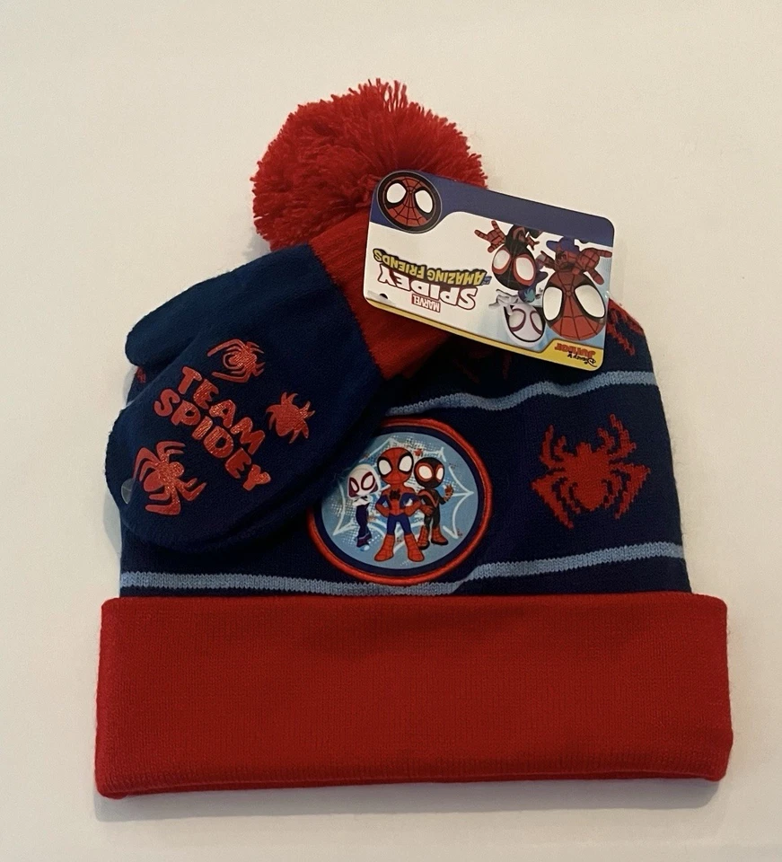 Toddler Boy Spider Man Winter Hat Mittens 2 PC Spidey Set New - Image 2 of 2