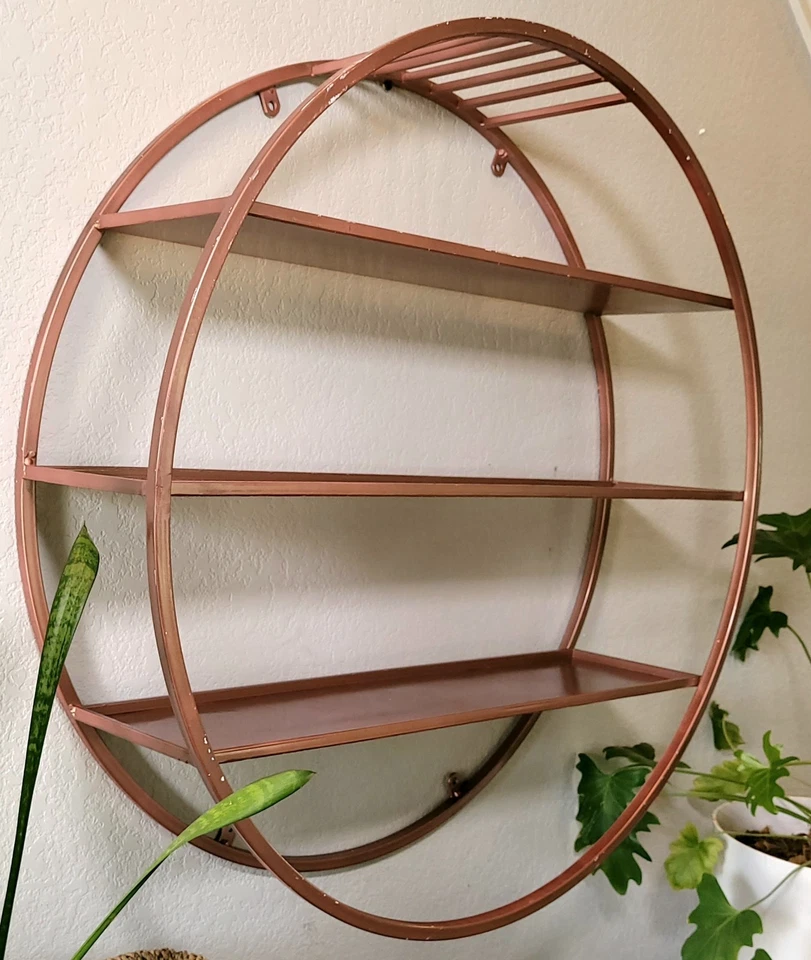 Vintage Industrial Modern 32" Round Metal 3 Tier Shelf Wall Display Terra Cotta - Image 3 of 4