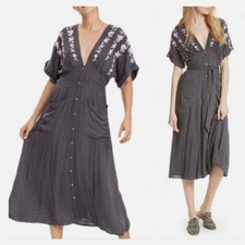 FREE PEOPLE Love to Love You Gray Embroidered Boho Floral Button Midi Dress SM