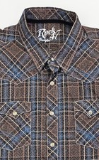 Rock 47 By Wrangler Sz XL Men Chocolate Brown Blue Plaid Logo Snap Western Shirt