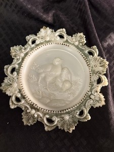 Vintage Westmoreland Milk Glass Two Chicks Plate w/ Lace Lattice Edge