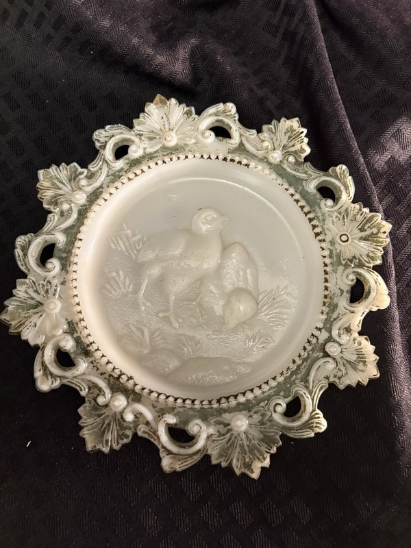 Vintage Westmoreland Milk Glass Two Chicks Plate w/ Lace Lattice Edge