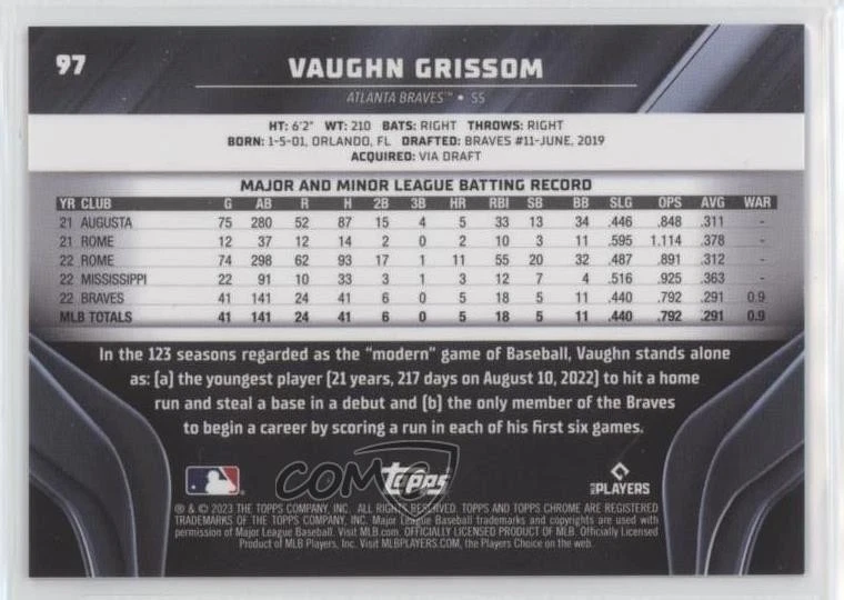 2023 Topps Chrome Black Gold Refractor /50 Vaughn Grissom #97 Rookie RC - Image 2 of 2