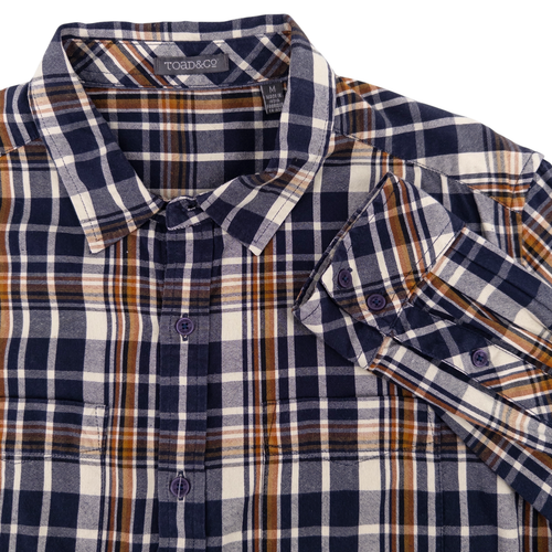 Toad & Co Men's Med Mojo Long Sleeve Blue & Brown Plaid Flannel Shirt Gorp Cabin - Picture 1 of 11