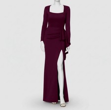 Xscape Women's Red Wine Square-Neck Lined Draped Long-Sleeve Gown Dress Size 16