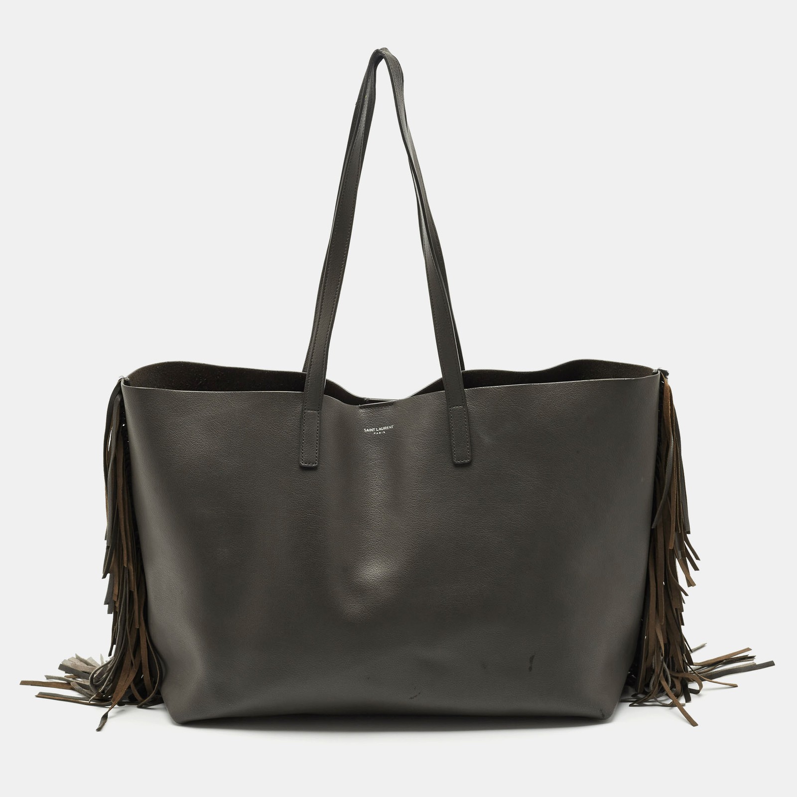 Saint Laurent grey leather fringe east west shopping tote